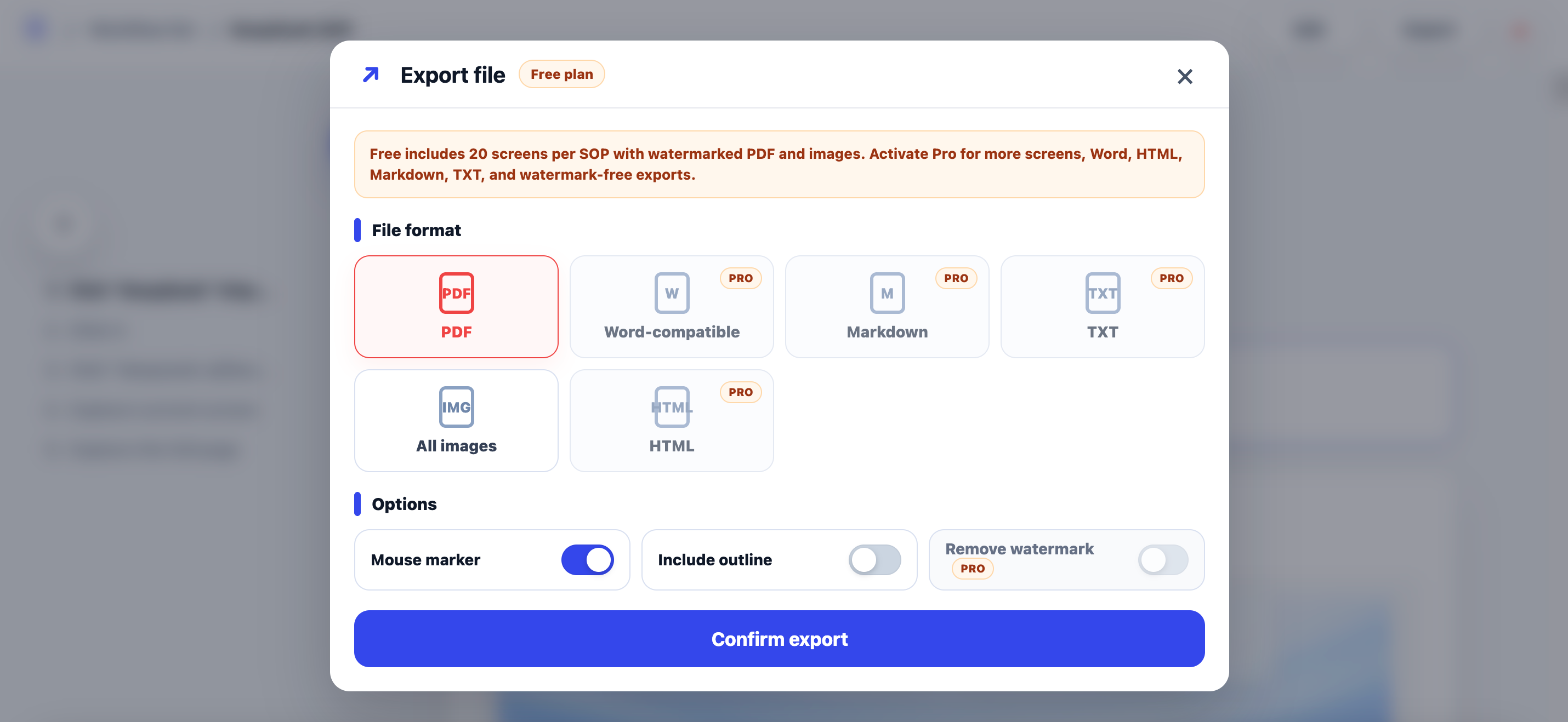 FlowGuide export dialog showing PDF, Word-compatible, Markdown, TXT, images, and HTML options