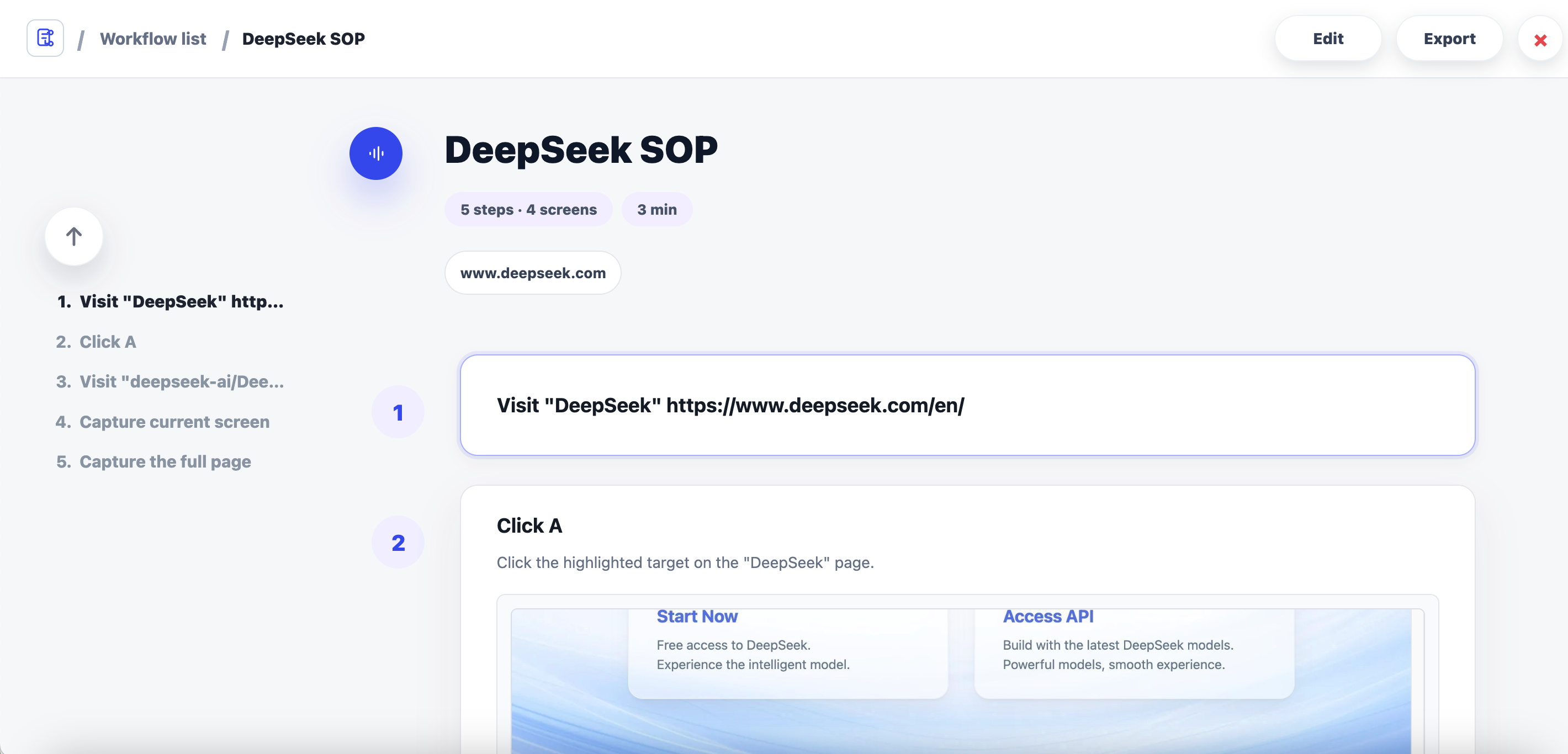 FlowGuide generated SOP result page with step directory, editable steps, and screenshot preview